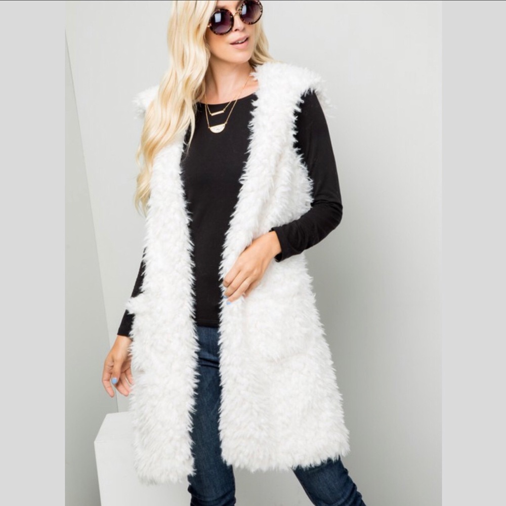 White Faux Fur Hooded Vest With Pockets gifts - Picture 2 of 8